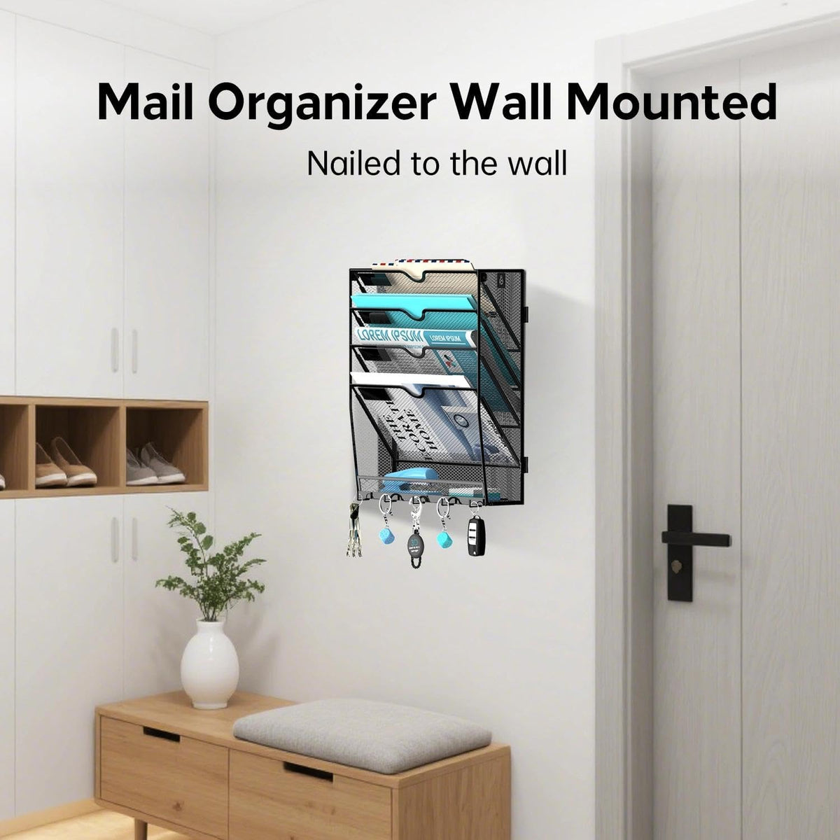 5-Tier Wall File Organizer and Mail Organizer with 5 Hooks, Black