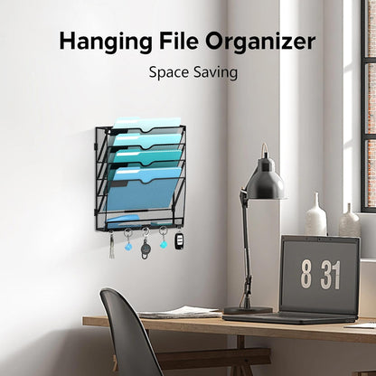 5-Tier Wall File Organizer and Mail Organizer with 5 Hooks, Black