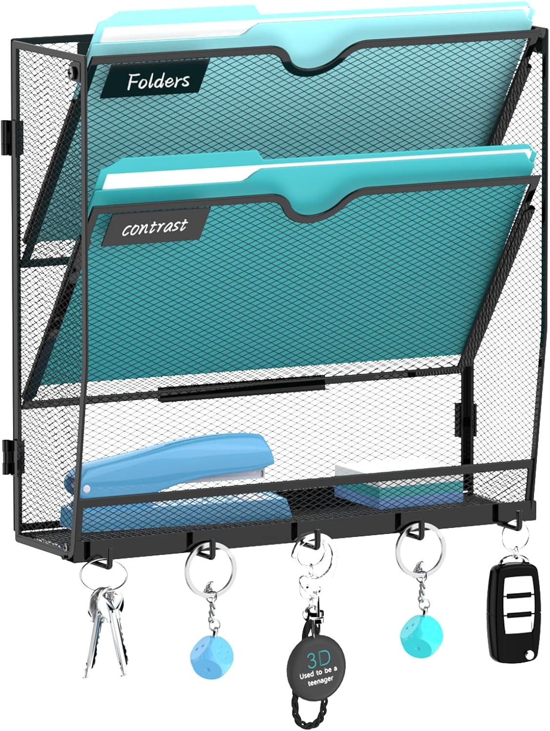 5-Tier Wall File Organizer and Mail Organizer with 5 Hooks, Black