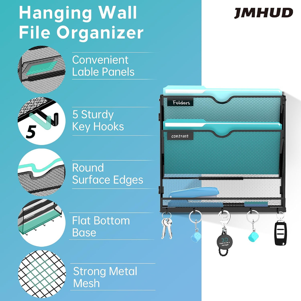 5-Tier Wall File Organizer and Mail Organizer with 5 Hooks, Black