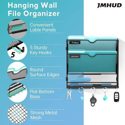 5-Tier Wall File Organizer and Mail Organizer with 5 Hooks, Black