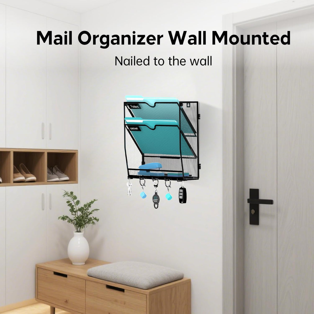 5-Tier Wall File Organizer and Mail Organizer with 5 Hooks, Black