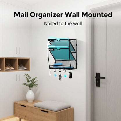 5-Tier Wall File Organizer and Mail Organizer with 5 Hooks, Black