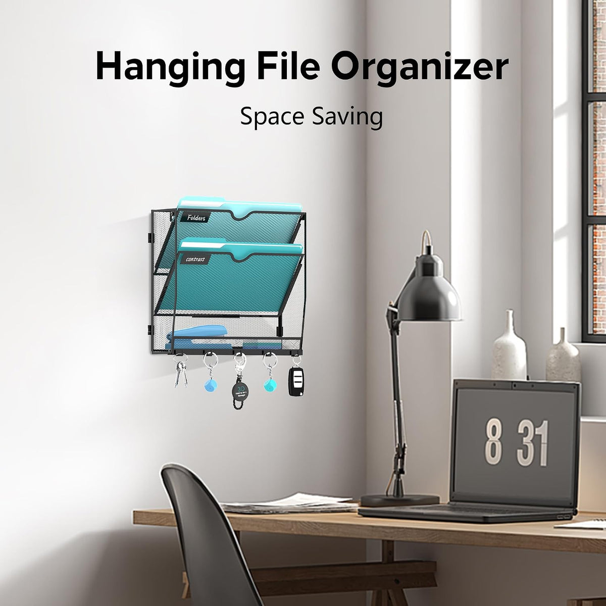 5-Tier Wall File Organizer and Mail Organizer with 5 Hooks, Black