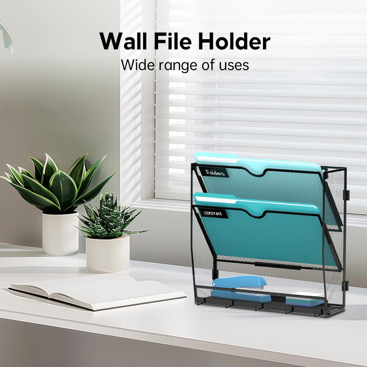 5-Tier Wall File Organizer and Mail Organizer with 5 Hooks, Black