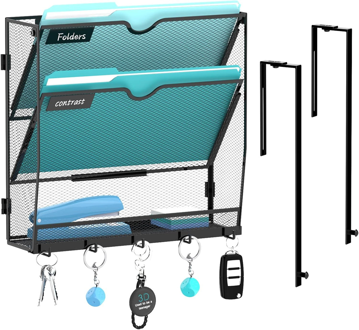 5-Tier Wall File Organizer and Mail Organizer with 5 Hooks, Black