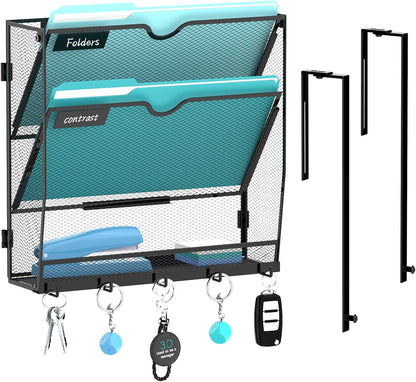5-Tier Wall File Organizer and Mail Organizer with 5 Hooks, Black