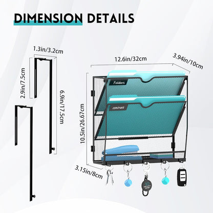 5-Tier Wall File Organizer and Mail Organizer with 5 Hooks, Black