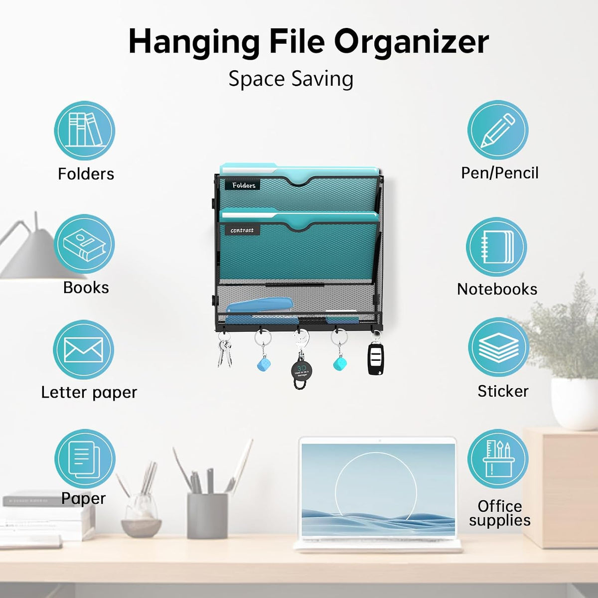 5-Tier Wall File Organizer and Mail Organizer with 5 Hooks, Black