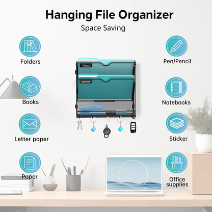 5-Tier Wall File Organizer and Mail Organizer with 5 Hooks, Black
