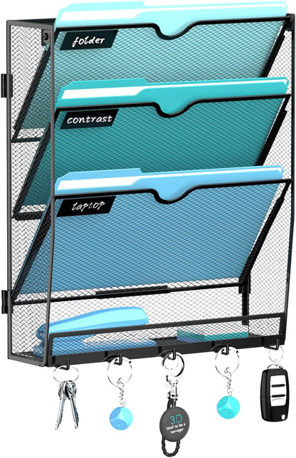 5-Tier Wall File Organizer and Mail Organizer with 5 Hooks, Black