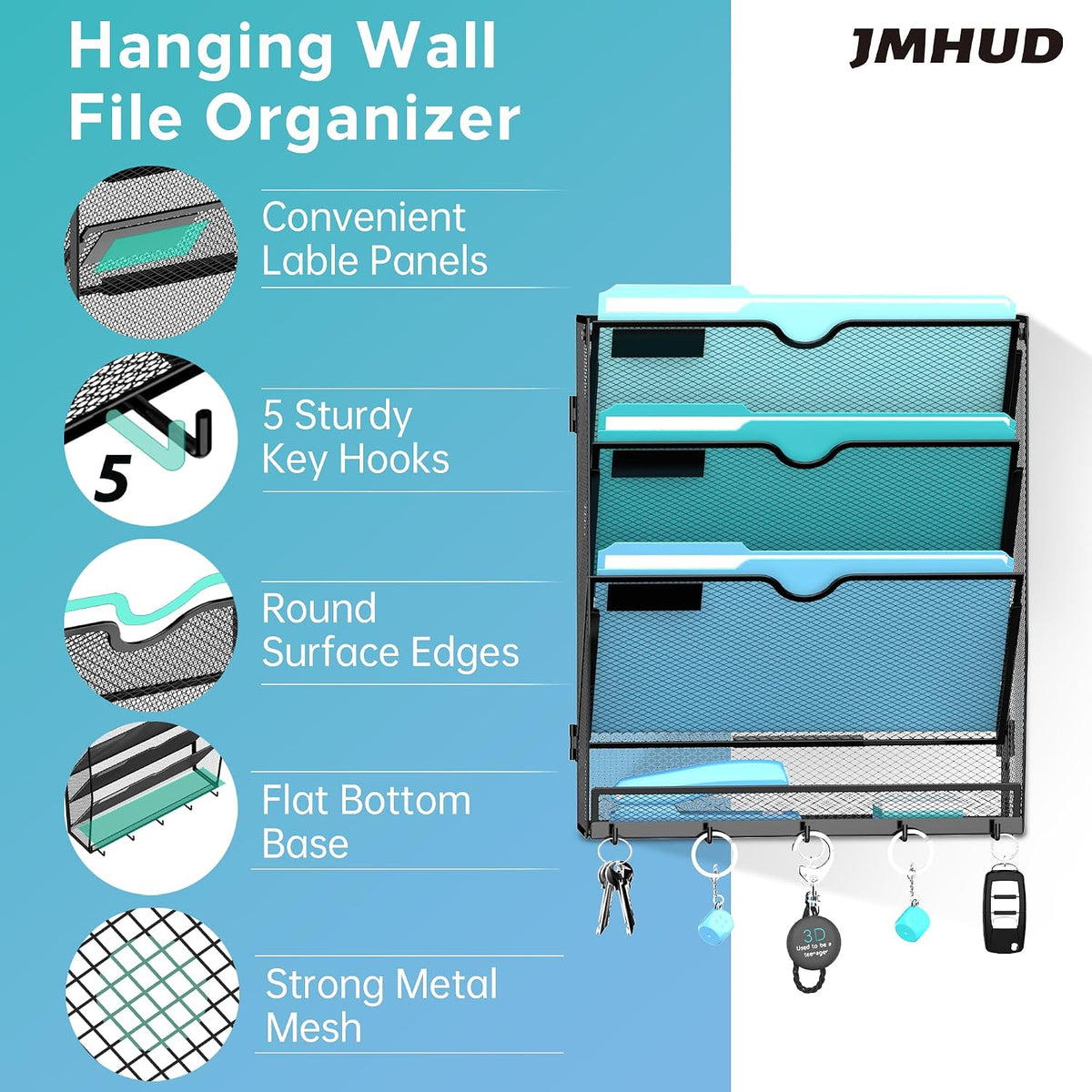 5-Tier Wall File Organizer and Mail Organizer with 5 Hooks, Black