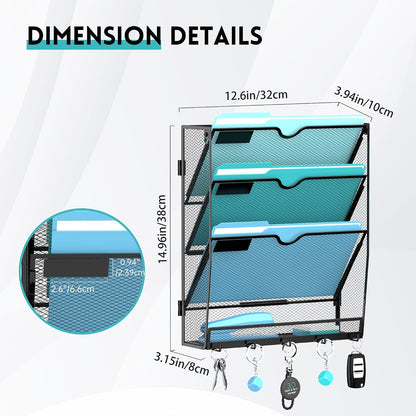 5-Tier Wall File Organizer and Mail Organizer with 5 Hooks, Black