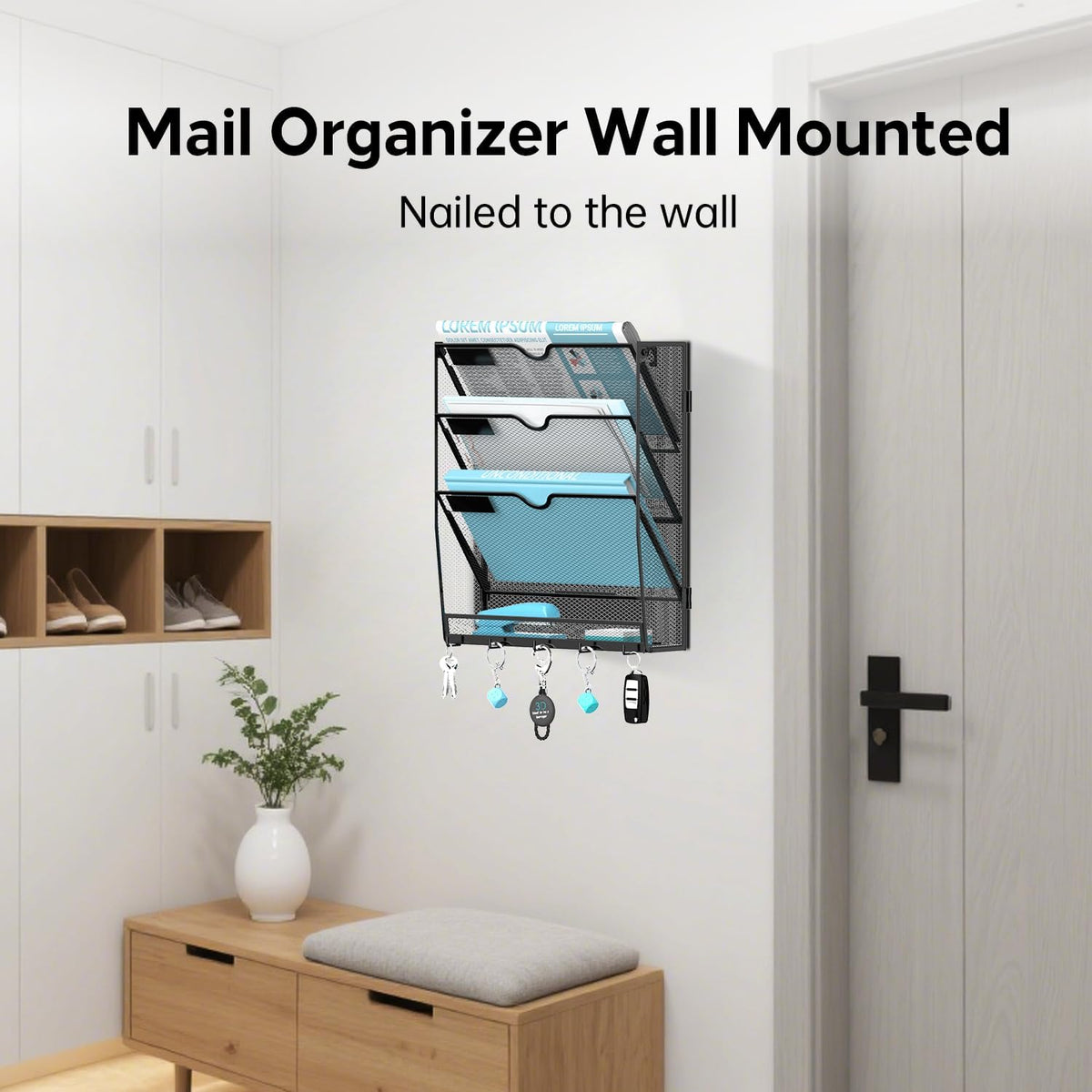 5-Tier Wall File Organizer and Mail Organizer with 5 Hooks, Black