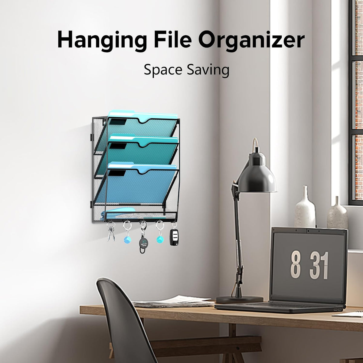 5-Tier Wall File Organizer and Mail Organizer with 5 Hooks, Black