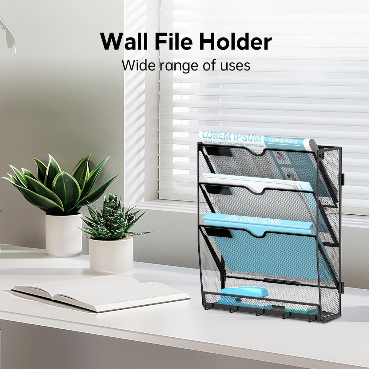 5-Tier Wall File Organizer and Mail Organizer with 5 Hooks, Black
