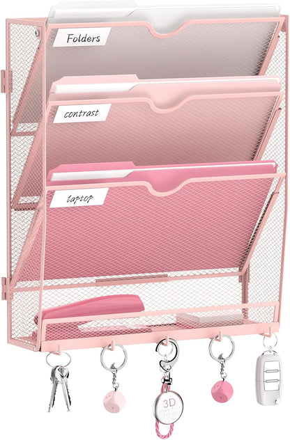 5-Tier Wall File Organizer and Mail Organizer with 5 Hooks, Black