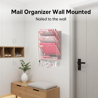 5-Tier Wall File Organizer and Mail Organizer with 5 Hooks, Black