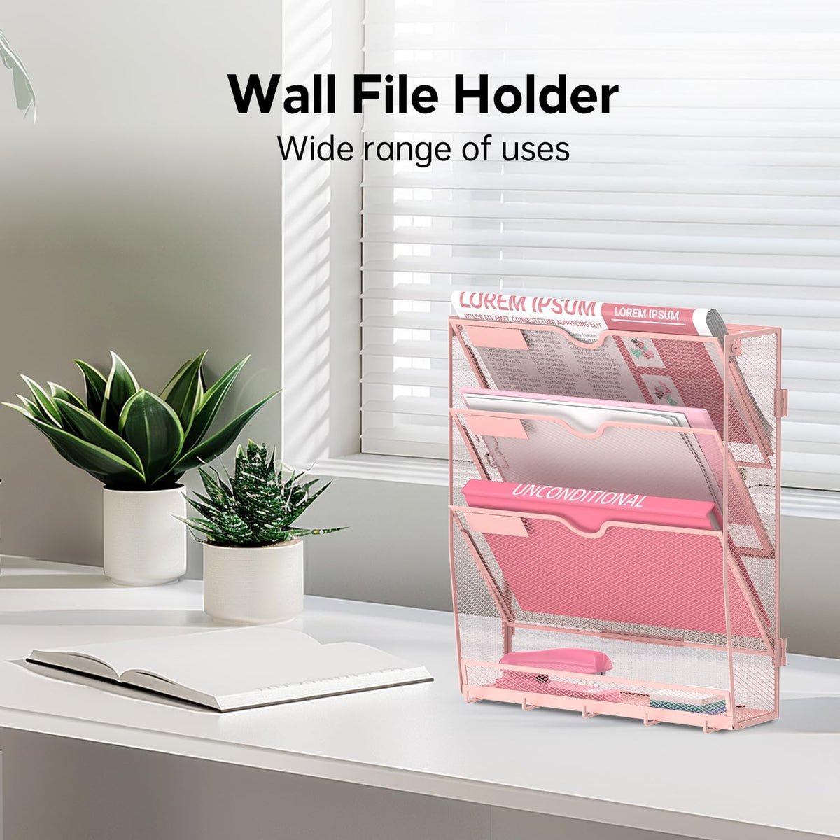5-Tier Wall File Organizer and Mail Organizer with 5 Hooks, Black