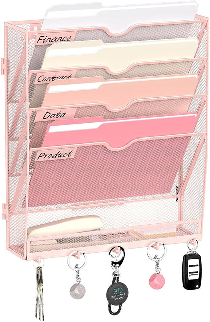 5-Tier Wall File Organizer and Mail Organizer with 5 Hooks, Black