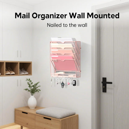 5-Tier Wall File Organizer and Mail Organizer with 5 Hooks, Black