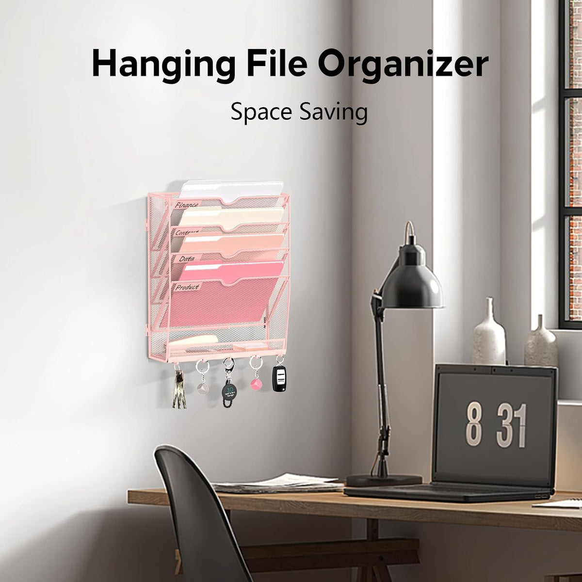 5-Tier Wall File Organizer and Mail Organizer with 5 Hooks, Black
