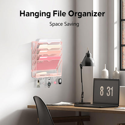 5-Tier Wall File Organizer and Mail Organizer with 5 Hooks, Black
