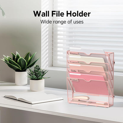 5-Tier Wall File Organizer and Mail Organizer with 5 Hooks, Black