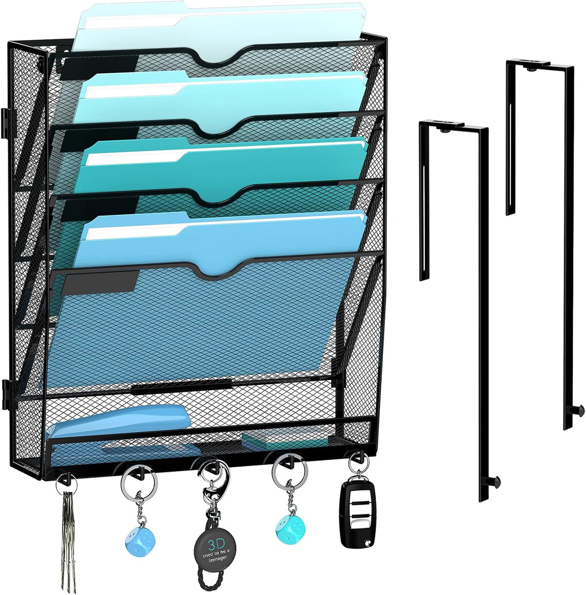 5-Tier Wall File Organizer and Mail Organizer with 5 Hooks, Black