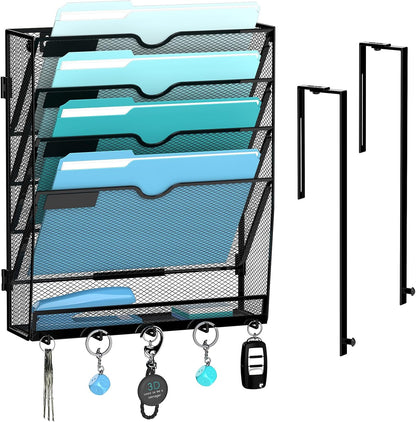 5-Tier Wall File Organizer and Mail Organizer with 5 Hooks, Black