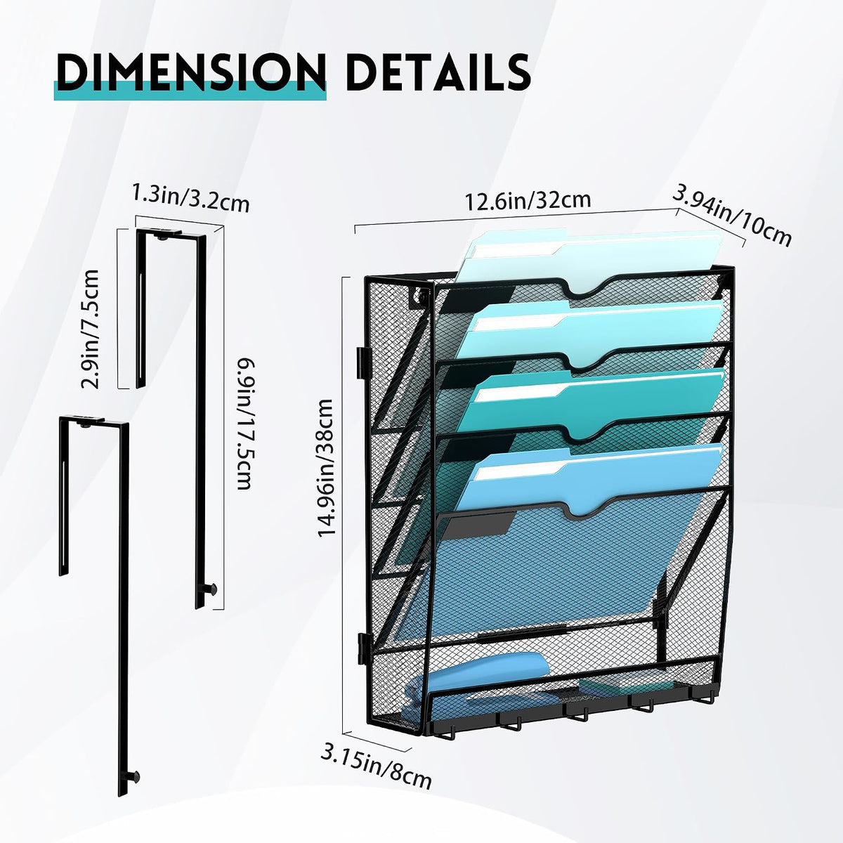 5-Tier Wall File Organizer and Mail Organizer with 5 Hooks, Black
