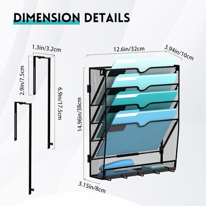 5-Tier Wall File Organizer and Mail Organizer with 5 Hooks, Black