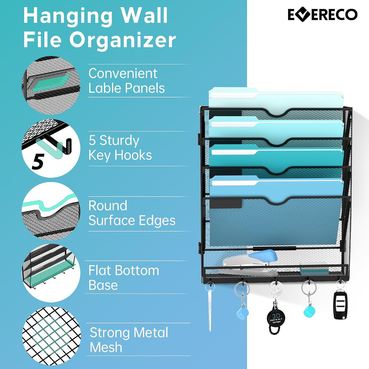 5-Tier Wall File Organizer and Mail Organizer with 5 Hooks, Black