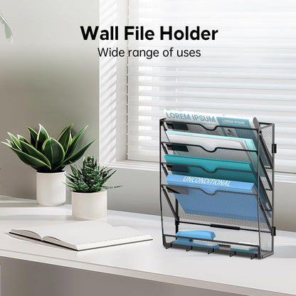 5-Tier Wall File Organizer and Mail Organizer with 5 Hooks, Black
