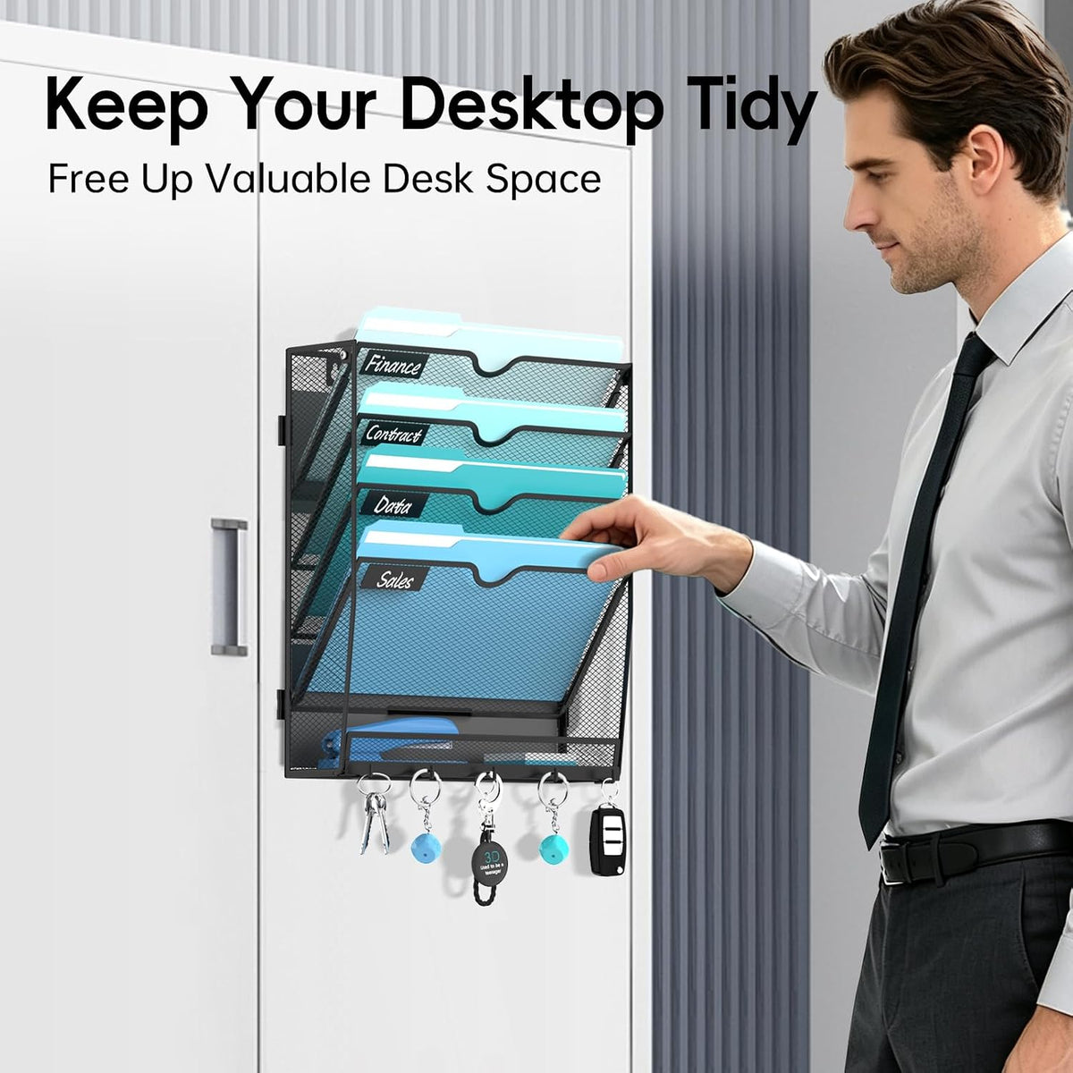 5-Tier Wall File Organizer and Mail Organizer with 5 Hooks, Black