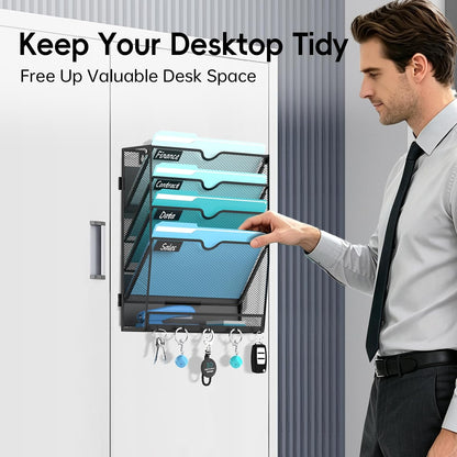 5-Tier Wall File Organizer and Mail Organizer with 5 Hooks, Black