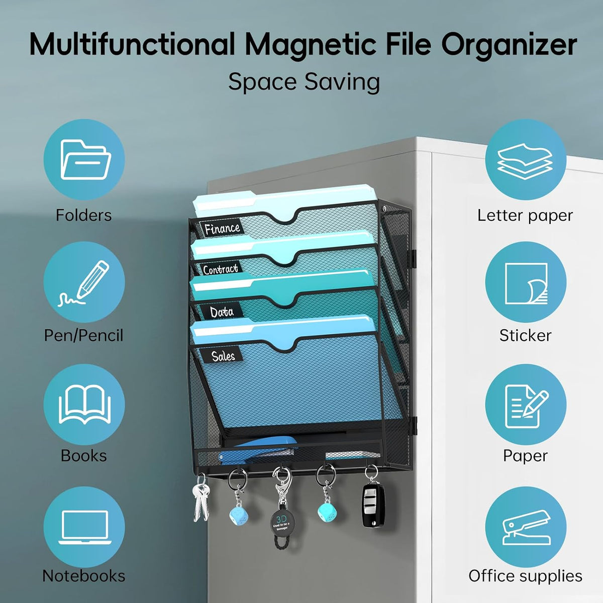 5-Tier Wall File Organizer and Mail Organizer with 5 Hooks, Black