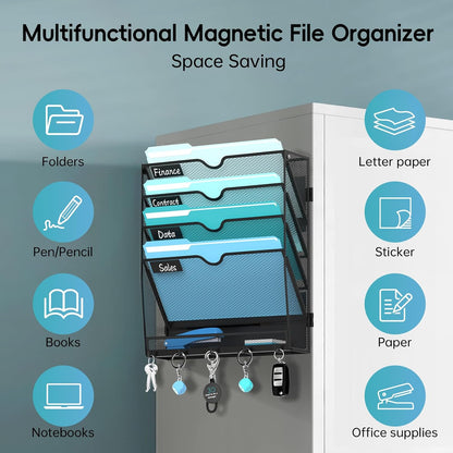 5-Tier Wall File Organizer and Mail Organizer with 5 Hooks, Black