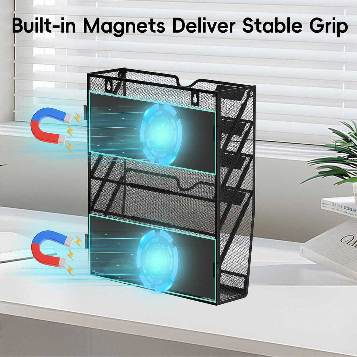 5-Tier Wall File Organizer and Mail Organizer with 5 Hooks, Black