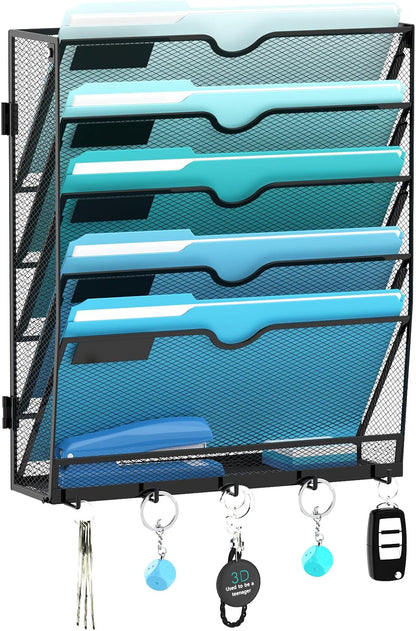 5-Tier Wall File Organizer and Mail Organizer with 5 Hooks, Black