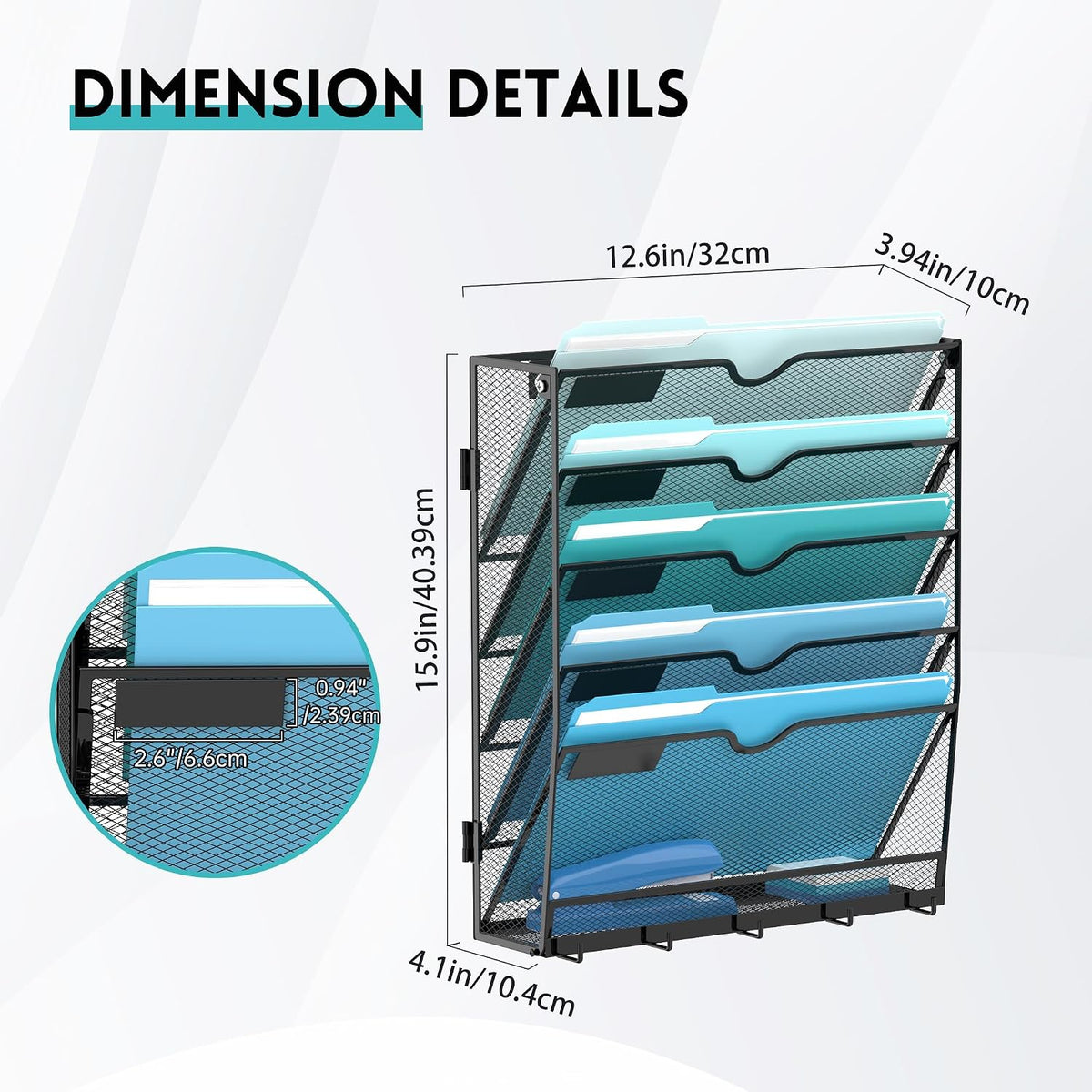5-Tier Wall File Organizer and Mail Organizer with 5 Hooks, Black