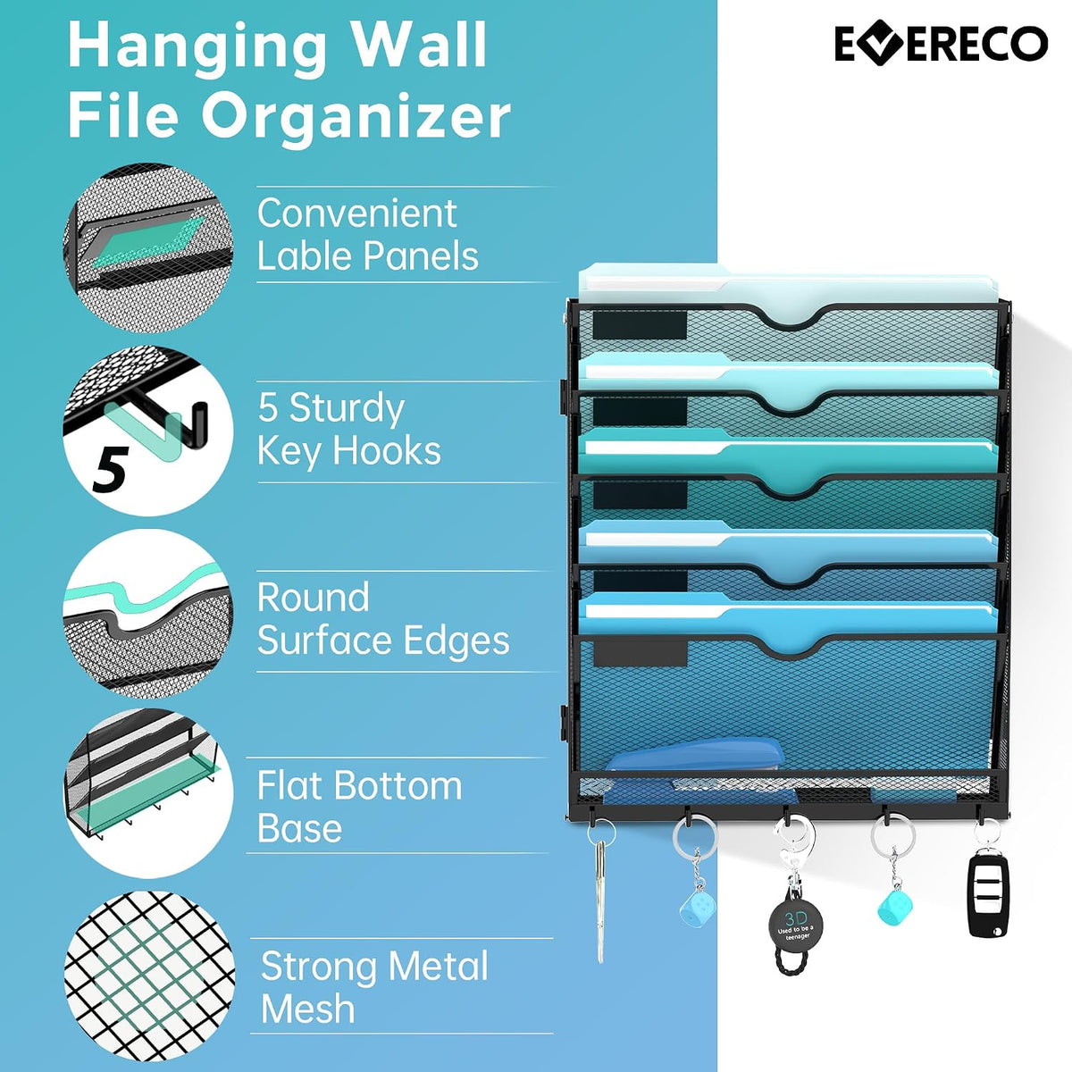 5-Tier Wall File Organizer and Mail Organizer with 5 Hooks, Black