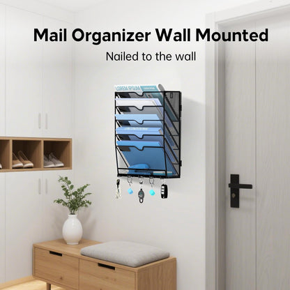 5-Tier Wall File Organizer and Mail Organizer with 5 Hooks, Black