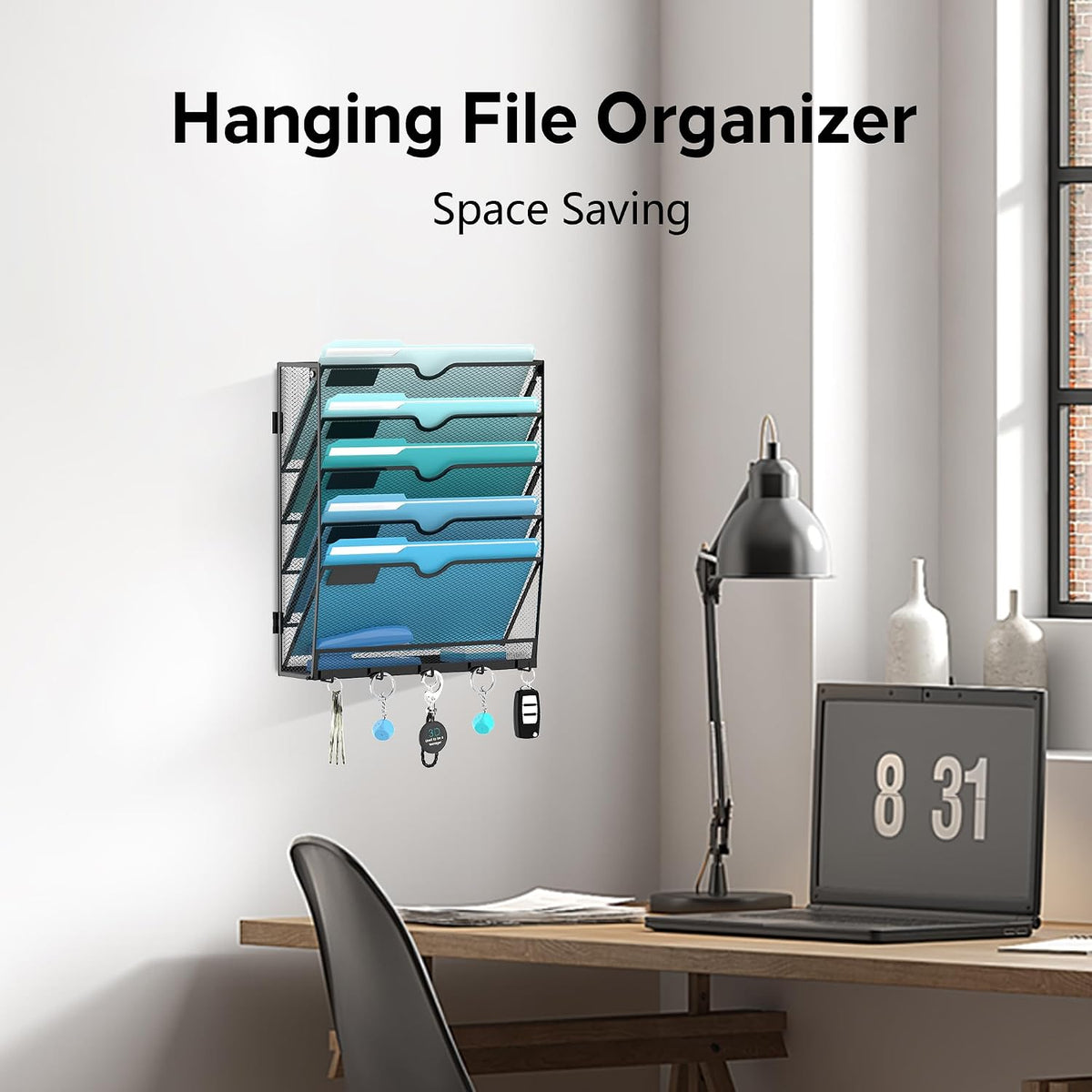 5-Tier Wall File Organizer and Mail Organizer with 5 Hooks, Black