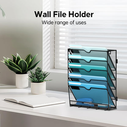 5-Tier Wall File Organizer and Mail Organizer with 5 Hooks, Black