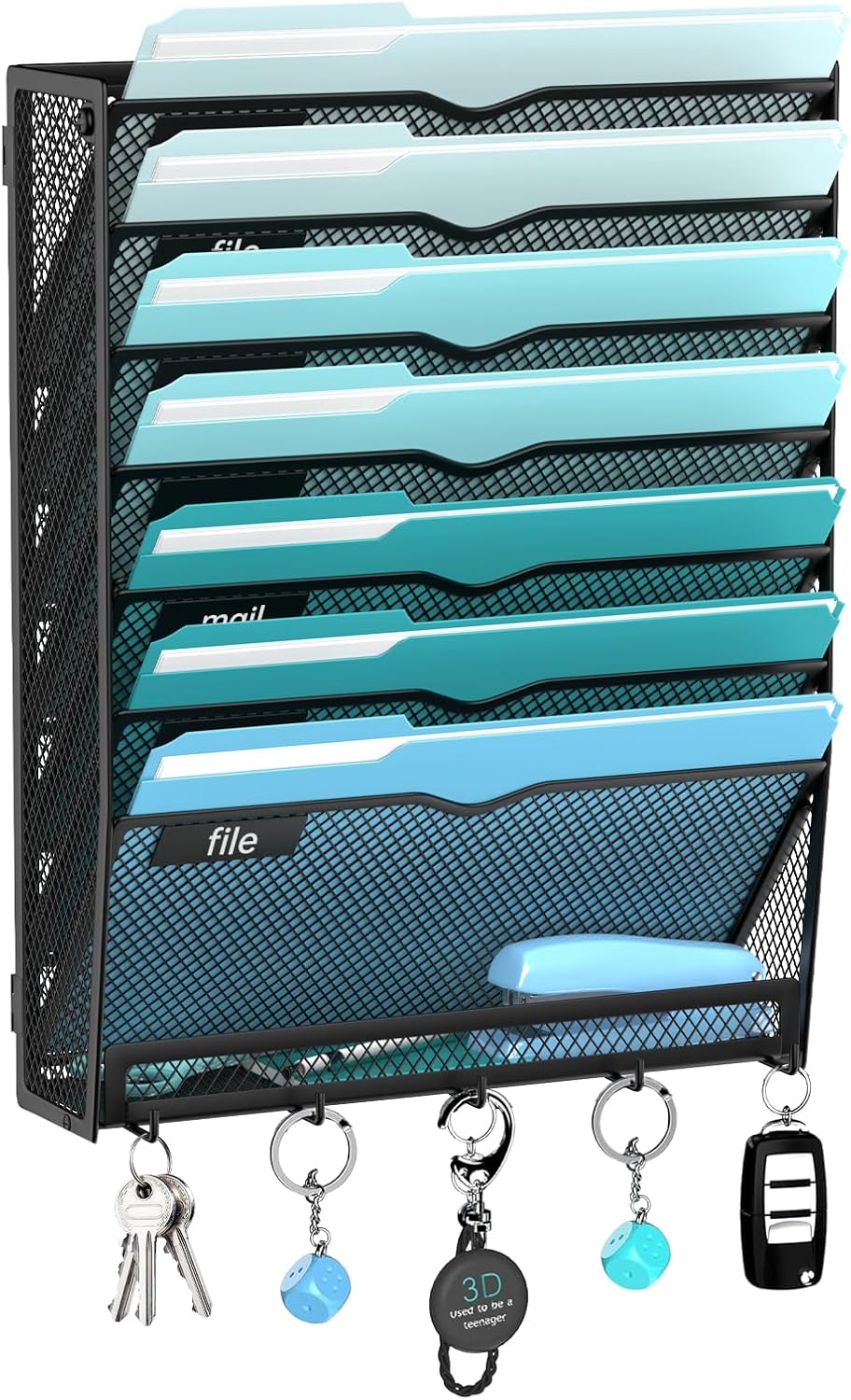 5-Tier Wall File Organizer and Mail Organizer with 5 Hooks, Black