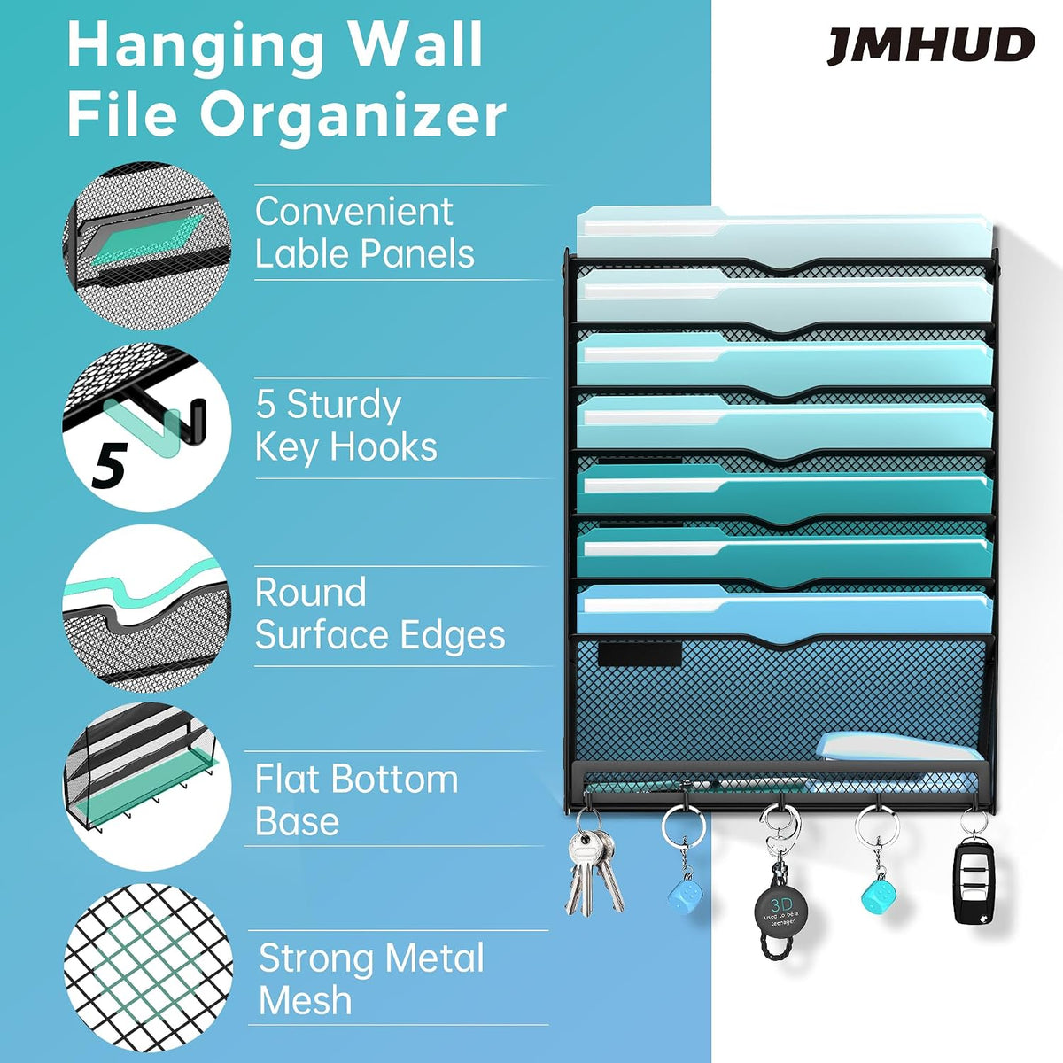 5-Tier Wall File Organizer and Mail Organizer with 5 Hooks, Black