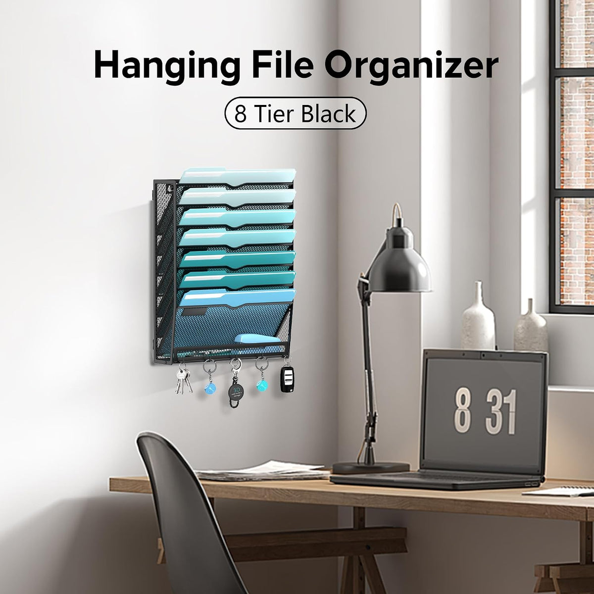 5-Tier Wall File Organizer and Mail Organizer with 5 Hooks, Black