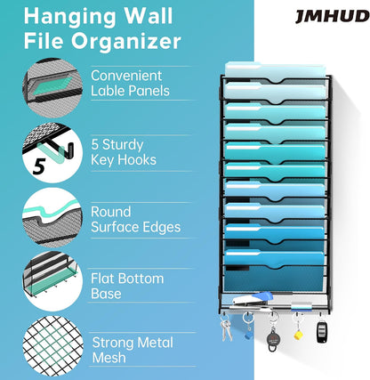 5-Tier Wall File Organizer and Mail Organizer with 5 Hooks, Black