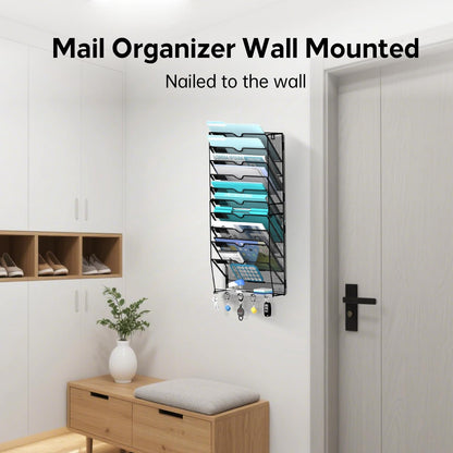 5-Tier Wall File Organizer and Mail Organizer with 5 Hooks, Black
